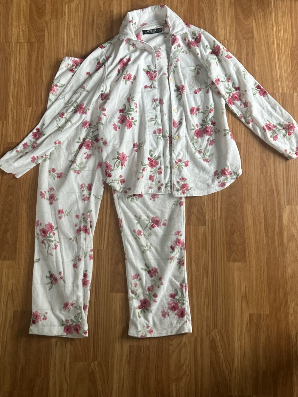Ralph Lauren Floral Button-Front Pajama Set in White and Pink